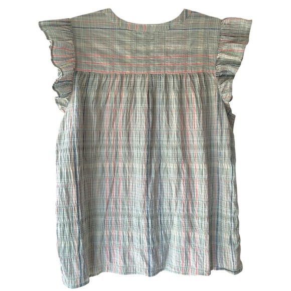 LOFT PLAID SMOCKED RUFFLE TIE NECK TOP | SIZE: LARGE - Picture 6 of 9